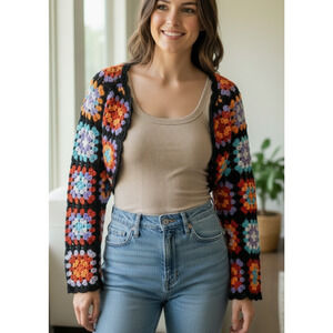 Granny Square Shrug Long Sleeves Sweater Cardigan Black Crocheted short sz M